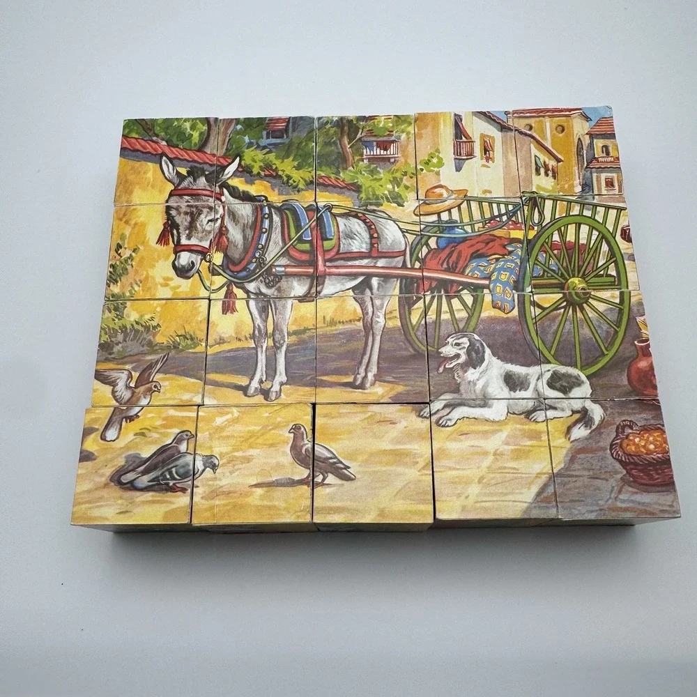 Vtg 20 Cube Puzzle Block Set 4 Sided West Germany ~ Cat Horse Cow Children Dogs